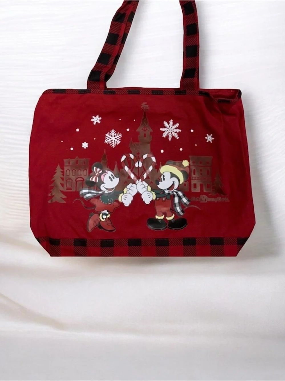 Disney Parks Mickey & Minnie Christmas Tote Bag Red Buffalo Plaid Holiday Bag